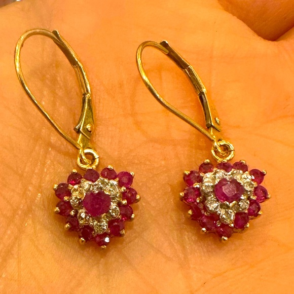 14K Solid Real Gold NATURAL Ruby & Diamond long dangle earrings sparkly! - Picture 4 of 12